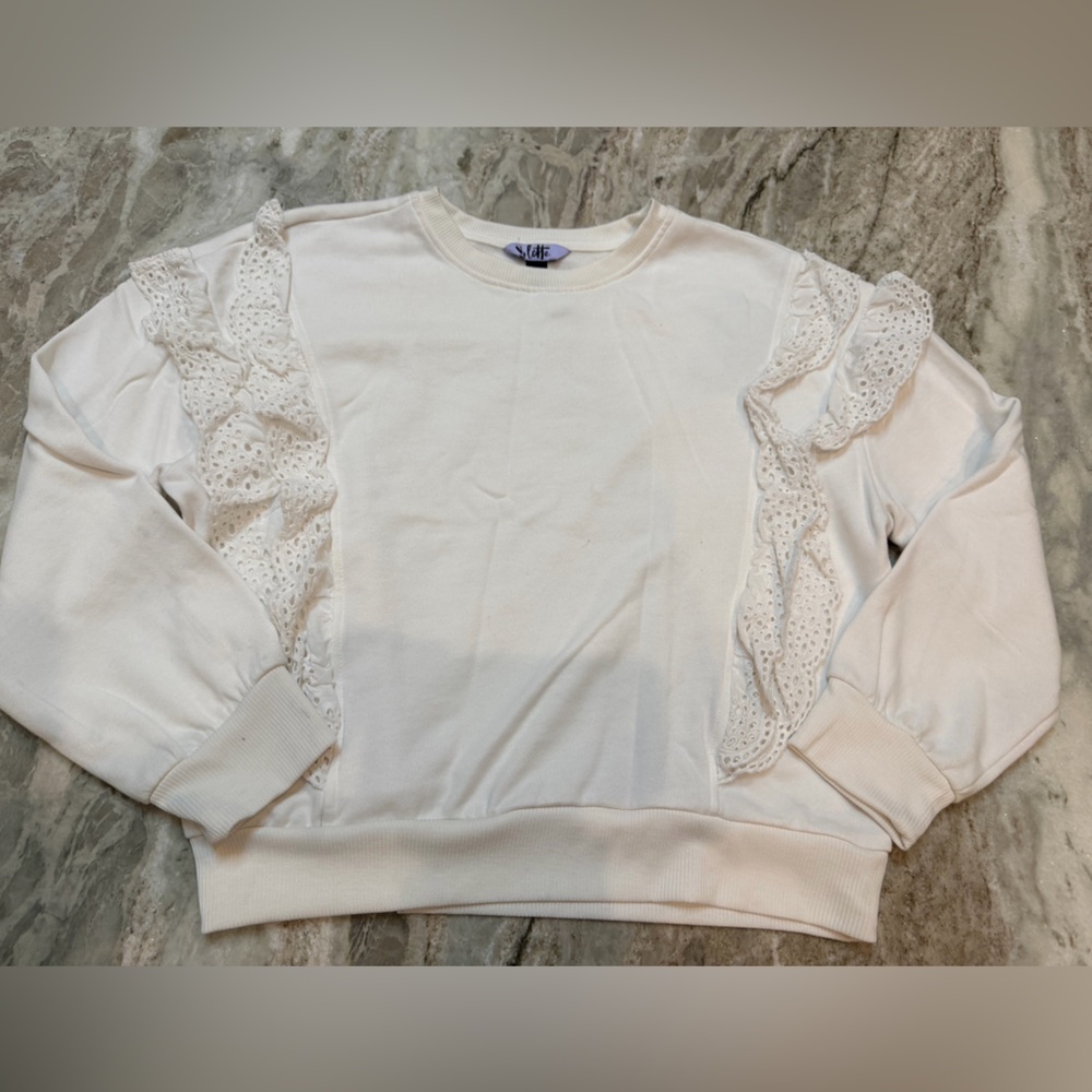 Vylette Ivory Lace Ruffle Sweatshirt XL | Eyelet Trim Pullover